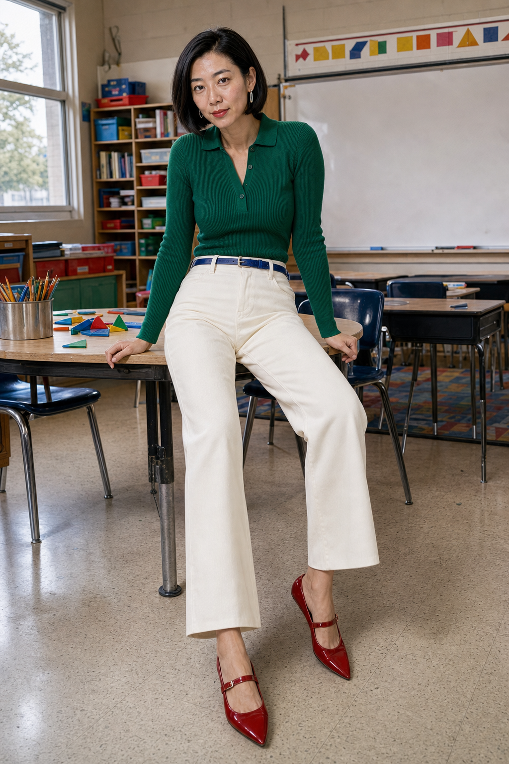 An educator working with focused attention in a real classroom.
