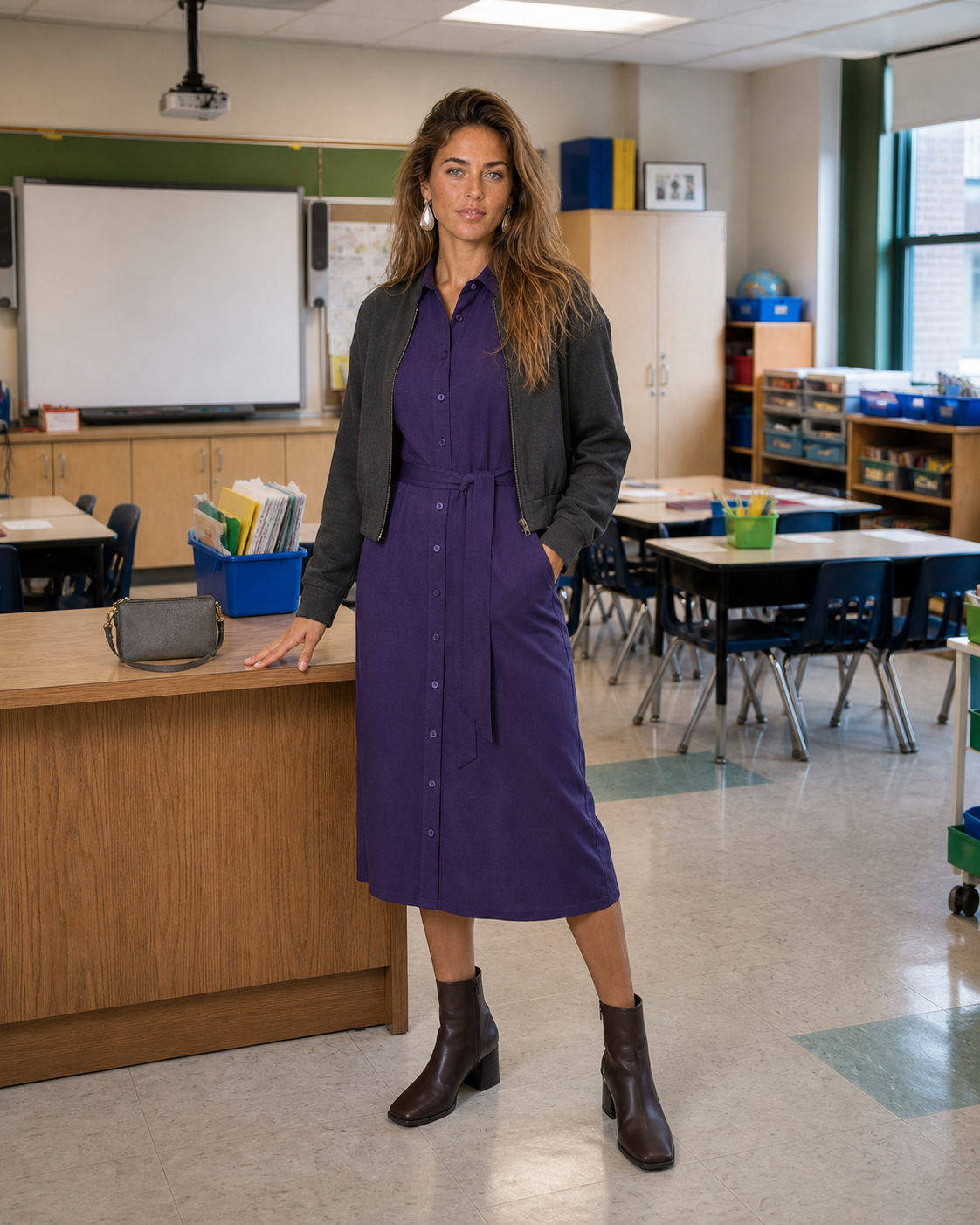 Phoenix stands in her classroom with the graphite bag resting on a desk.